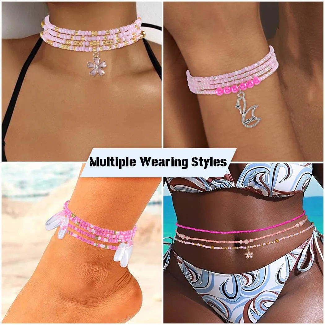 ELABEST 24-47inch African Waist Beads for Women 8Pcs Elastic Belly Beads Colorful Beaded Waist Jewelry Accessories Body Chain