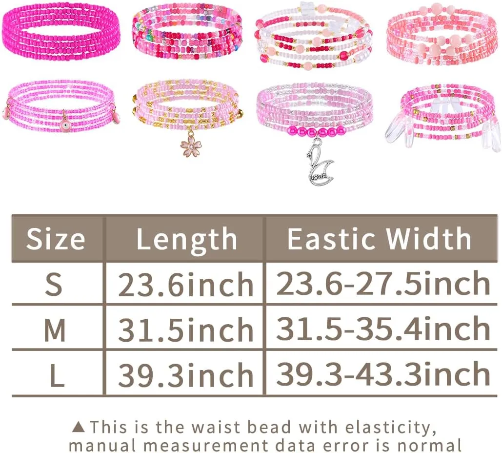 ELABEST 24-47inch African Waist Beads for Women 8Pcs Elastic Belly Beads Colorful Beaded Waist Jewelry Accessories Body Chain