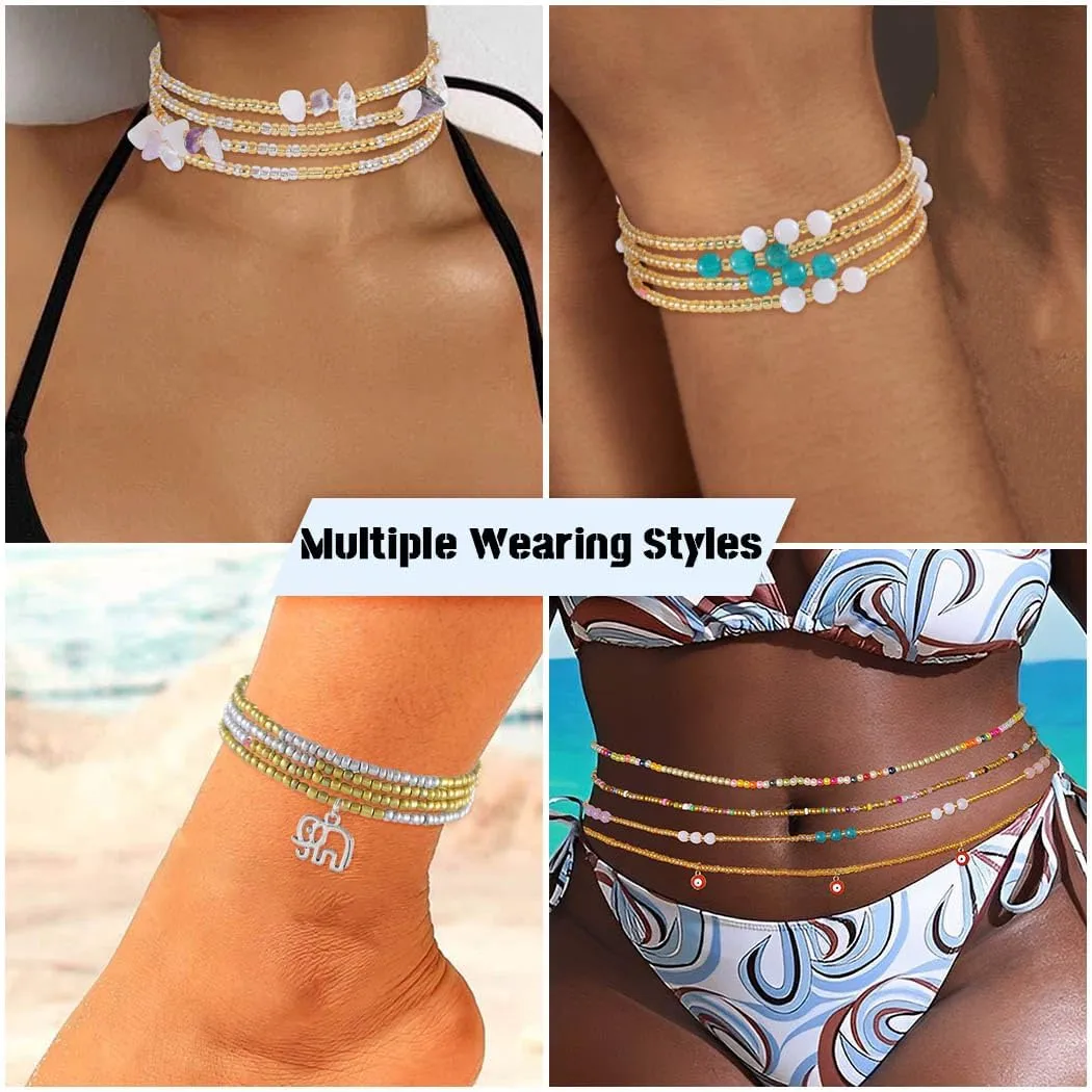 ELABEST 24-47inch African Waist Beads for Women 8Pcs Elastic Belly Beads Colorful Beaded Waist Jewelry Accessories Body Chain