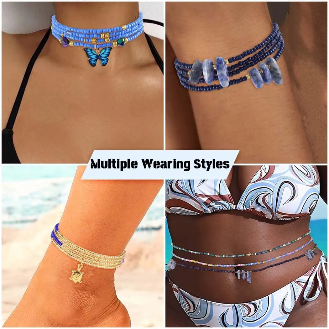 ELABEST 24-47inch African Waist Beads for Women 8Pcs Elastic Belly Beads Colorful Beaded Waist Jewelry Accessories Body Chain