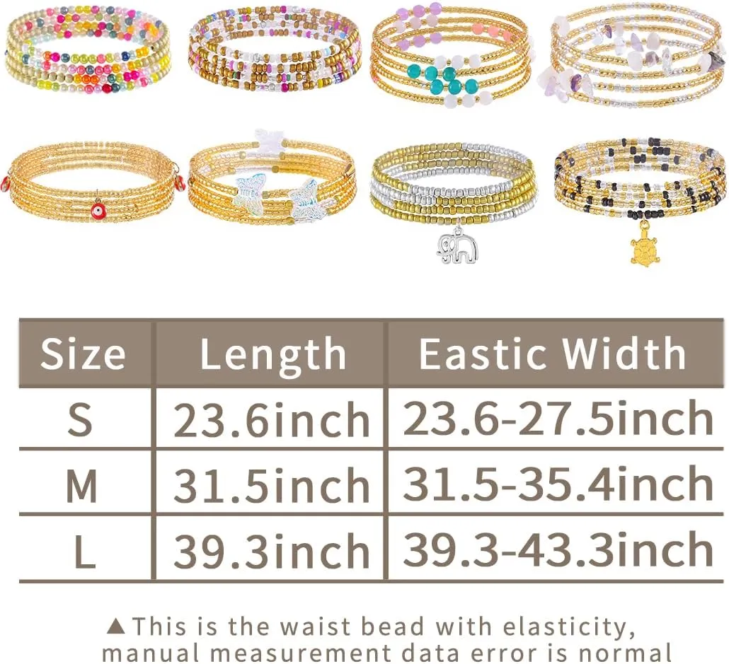 ELABEST 24-47inch African Waist Beads for Women 8Pcs Elastic Belly Beads Colorful Beaded Waist Jewelry Accessories Body Chain
