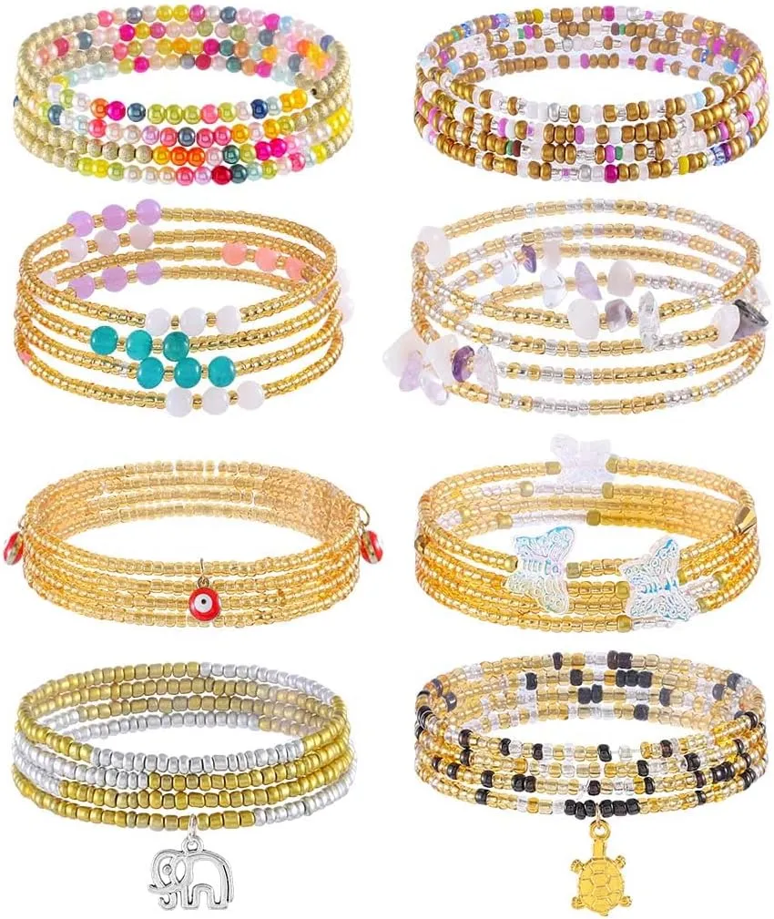 ELABEST 24-47inch African Waist Beads for Women 8Pcs Elastic Belly Beads Colorful Beaded Waist Jewelry Accessories Body Chain