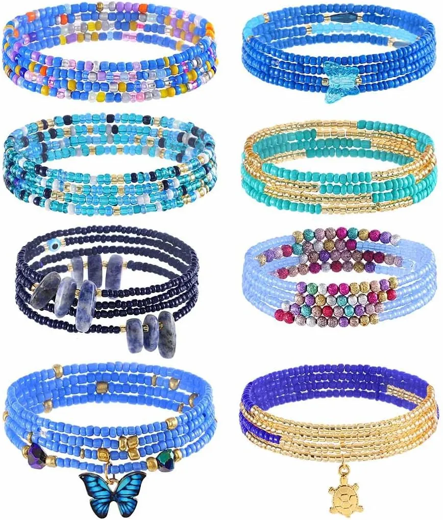 ELABEST 24-47inch African Waist Beads for Women 8Pcs Elastic Belly Beads Colorful Beaded Waist Jewelry Accessories Body Chain