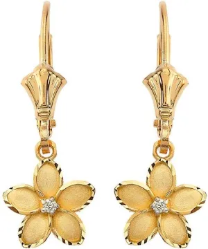 Elegant 10k Yellow Gold Hawaiian Plumeria Flower Diamond Dangle Earrings, 0.95"