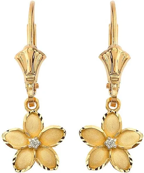 Elegant 10k Yellow Gold Hawaiian Plumeria Flower Diamond Dangle Earrings, 0.95"