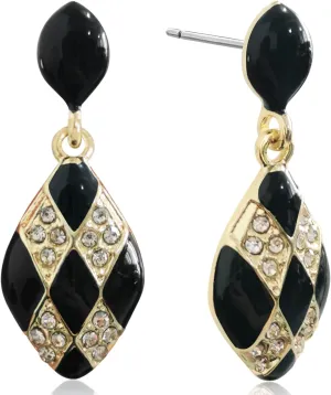 Elegant 60s 70s Vintage Black And White Alloy Grid Dangle Drop Earrings Dainty Chic Sparkly Crystal Teardrop Geometry Stud Earring for Women Statement Long Bar Jewelry Gifts
