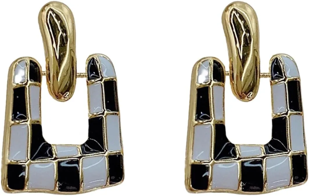 Elegant 60s 70s Vintage Black And White Grid Dangle Drop Earrings for Women 14K Gold Plated Dangle Earrings Bar Birthday Party Jewelry