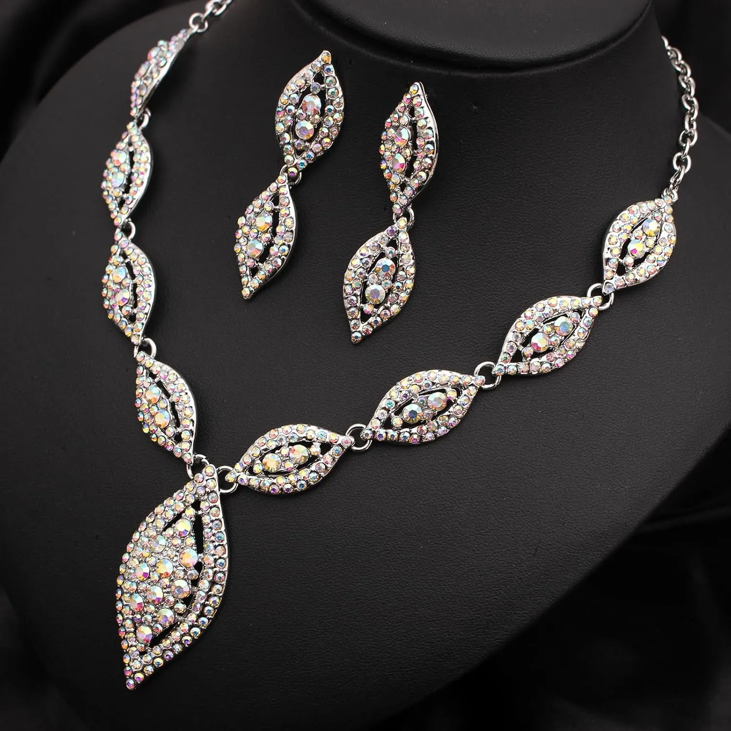 Elegant Austrian Crystal Bridal Bridesmaid Necklace Dangle Earring Bracelet Wedding Prom Costume Jewelry Set for Women