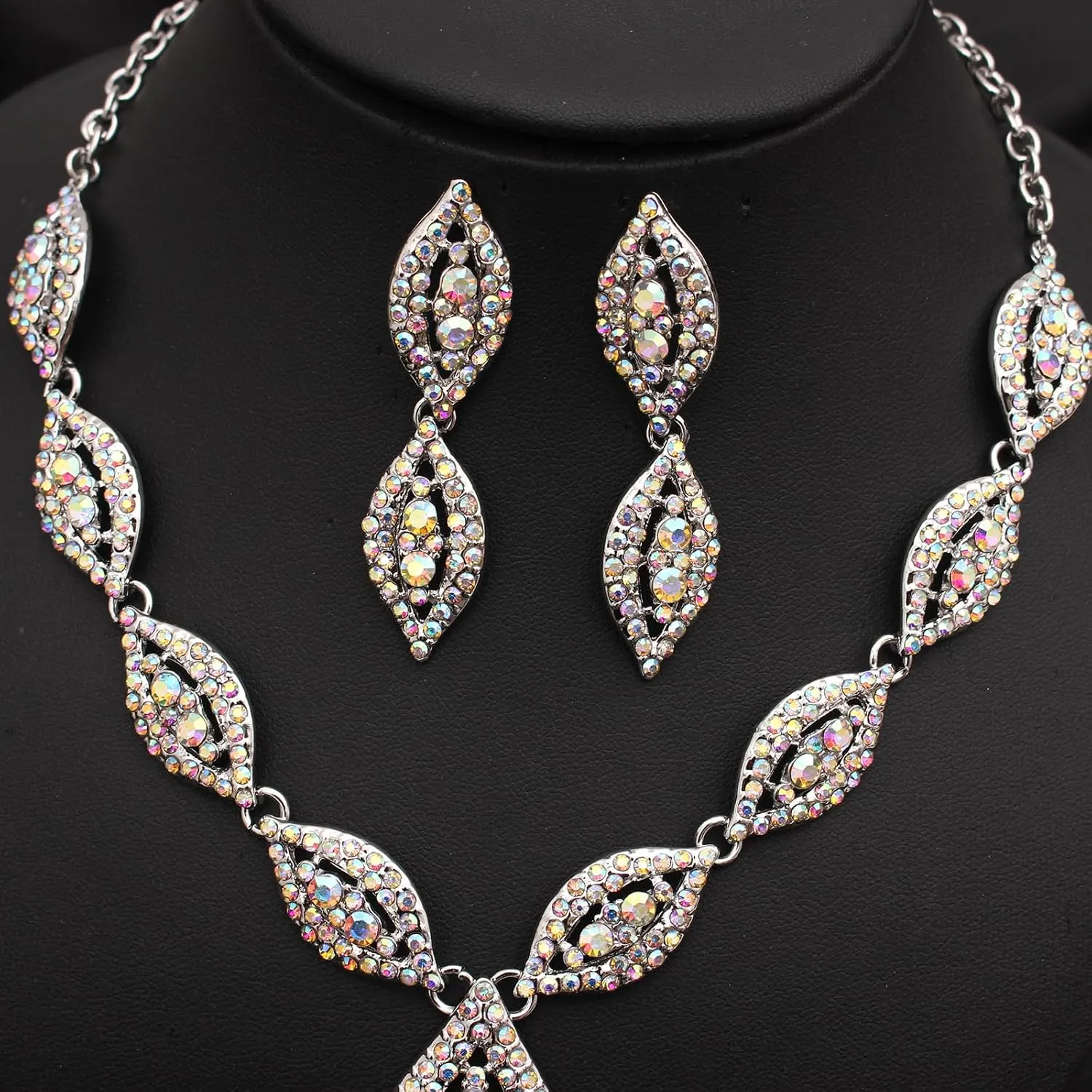 Elegant Austrian Crystal Bridal Bridesmaid Necklace Dangle Earring Bracelet Wedding Prom Costume Jewelry Set for Women