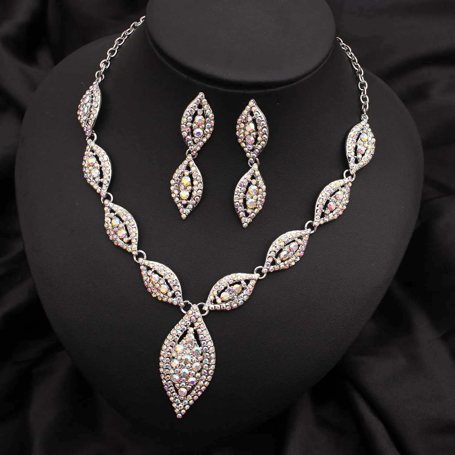 Elegant Austrian Crystal Bridal Bridesmaid Necklace Dangle Earring Bracelet Wedding Prom Costume Jewelry Set for Women