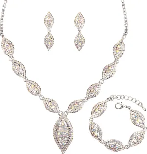 Elegant Austrian Crystal Bridal Bridesmaid Necklace Dangle Earring Bracelet Wedding Prom Costume Jewelry Set for Women