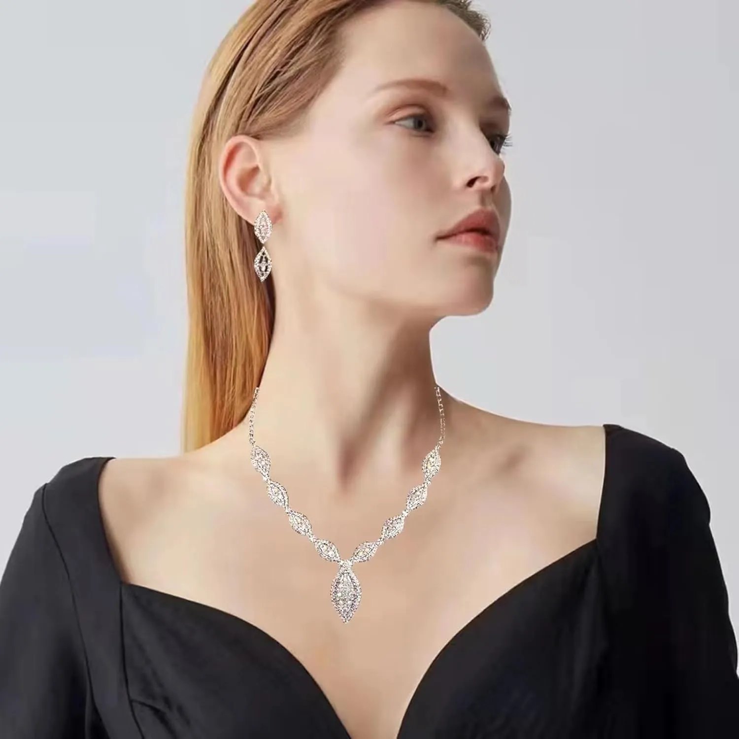 Elegant Austrian Crystal Bridal Bridesmaid Necklace Dangle Earring Bracelet Wedding Prom Costume Jewelry Set for Women