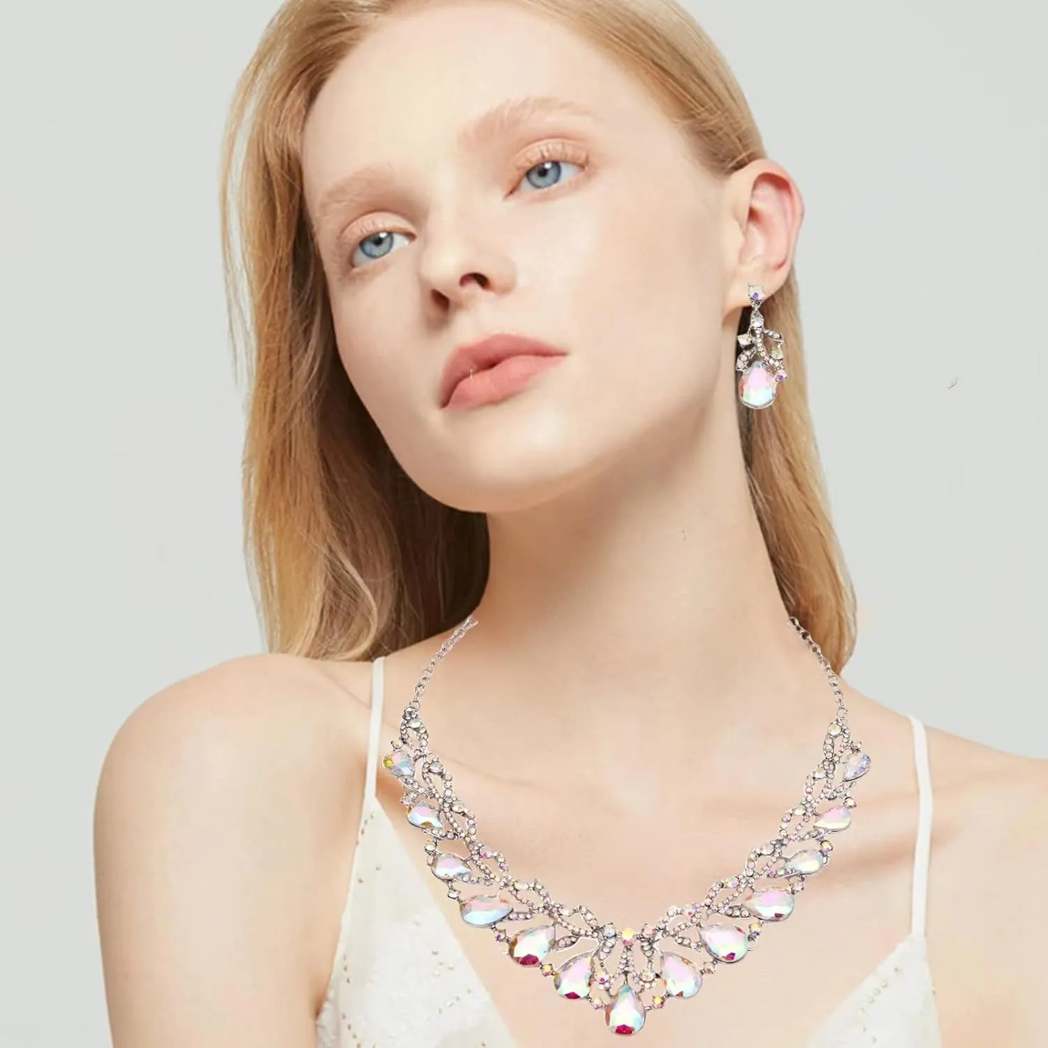 Elegant Austrian Crystal Costume Statement Necklace Dangle Earrings Bridal Wedding Party Jewelry Sets for Women