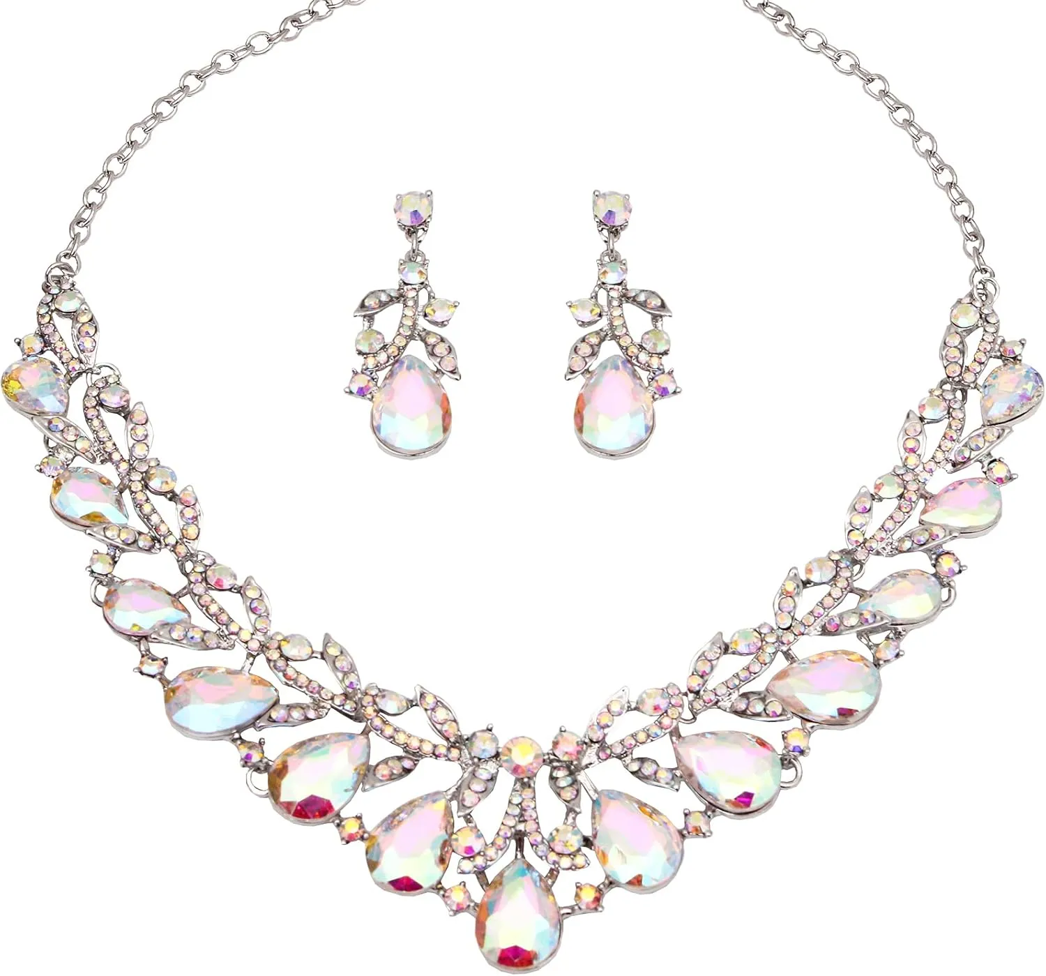Elegant Austrian Crystal Costume Statement Necklace Dangle Earrings Bridal Wedding Party Jewelry Sets for Women