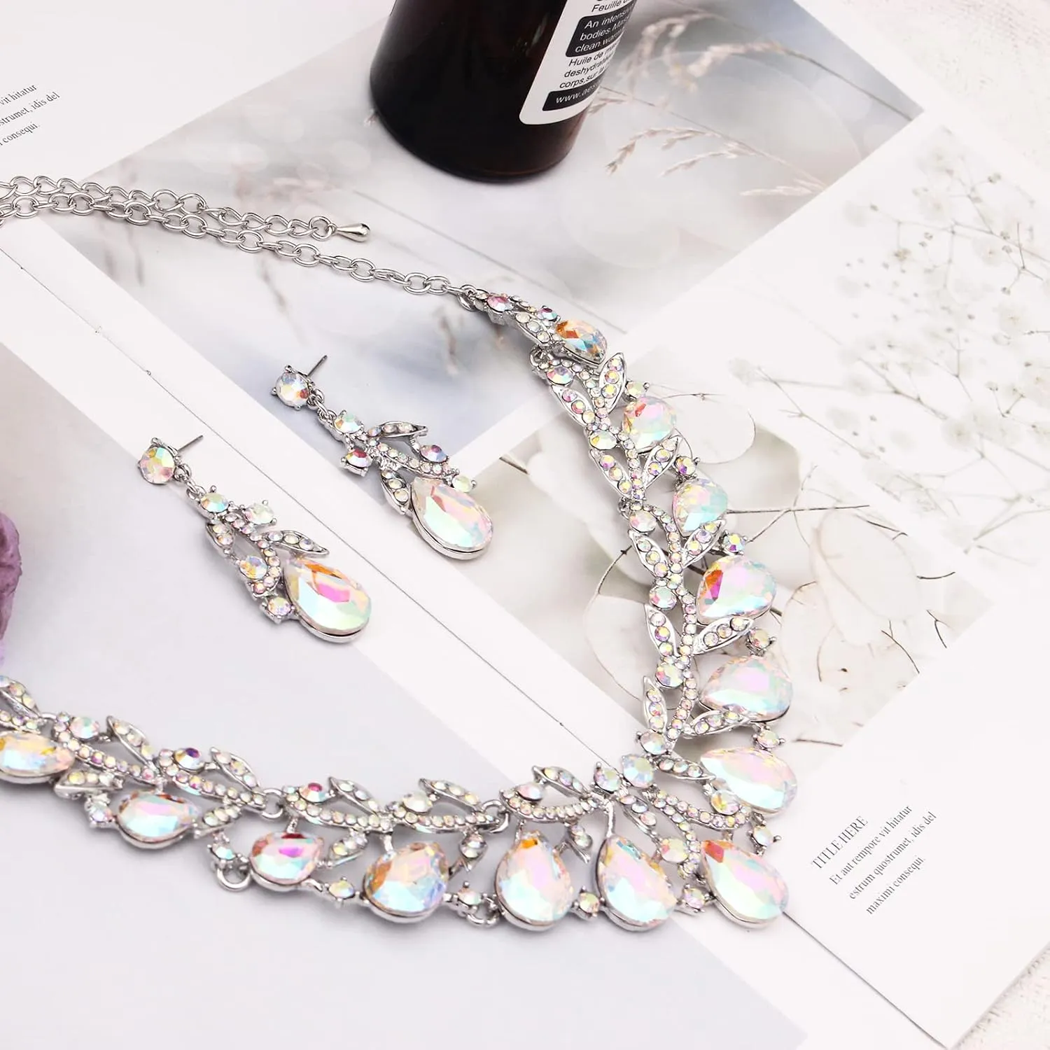 Elegant Austrian Crystal Costume Statement Necklace Dangle Earrings Bridal Wedding Party Jewelry Sets for Women