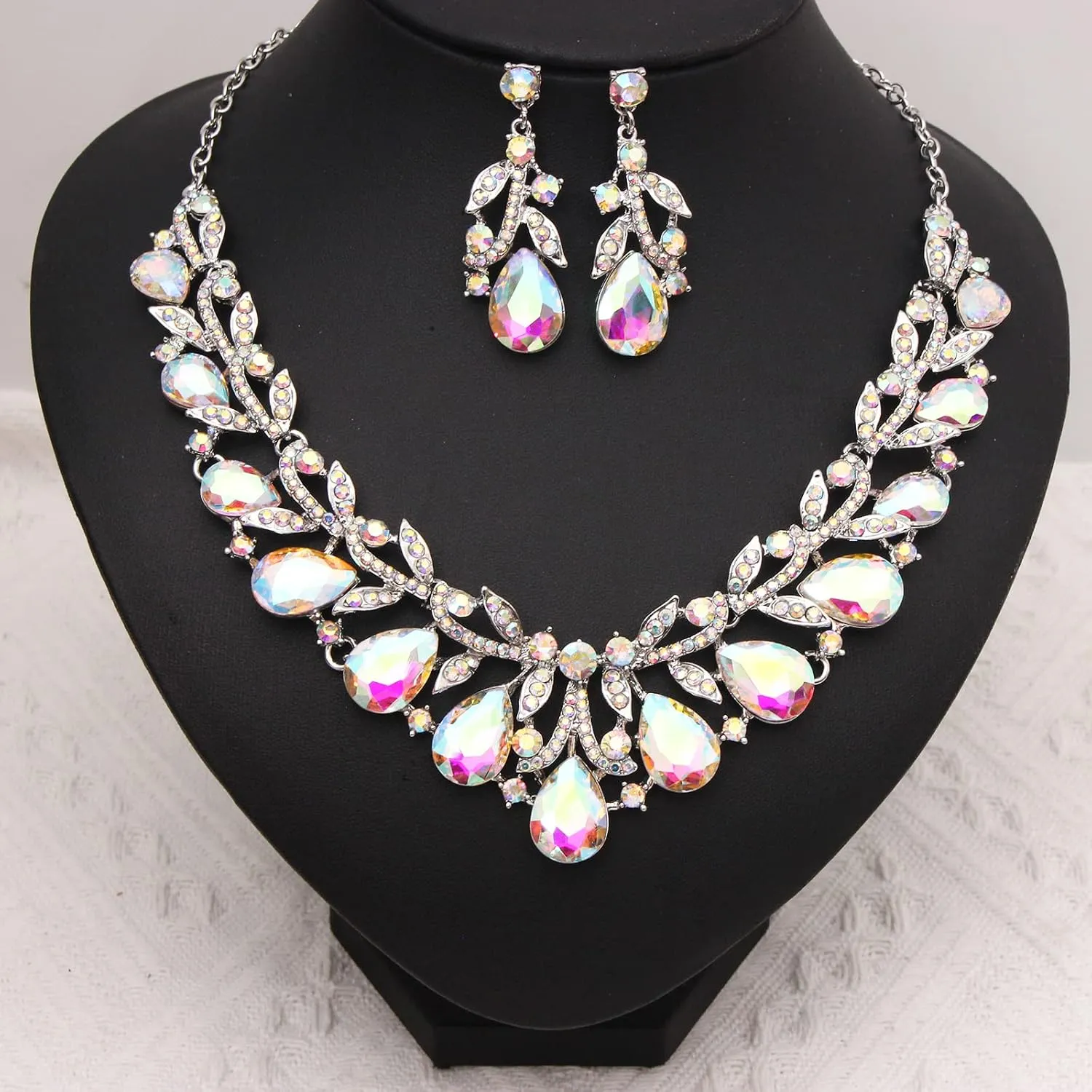 Elegant Austrian Crystal Costume Statement Necklace Dangle Earrings Bridal Wedding Party Jewelry Sets for Women