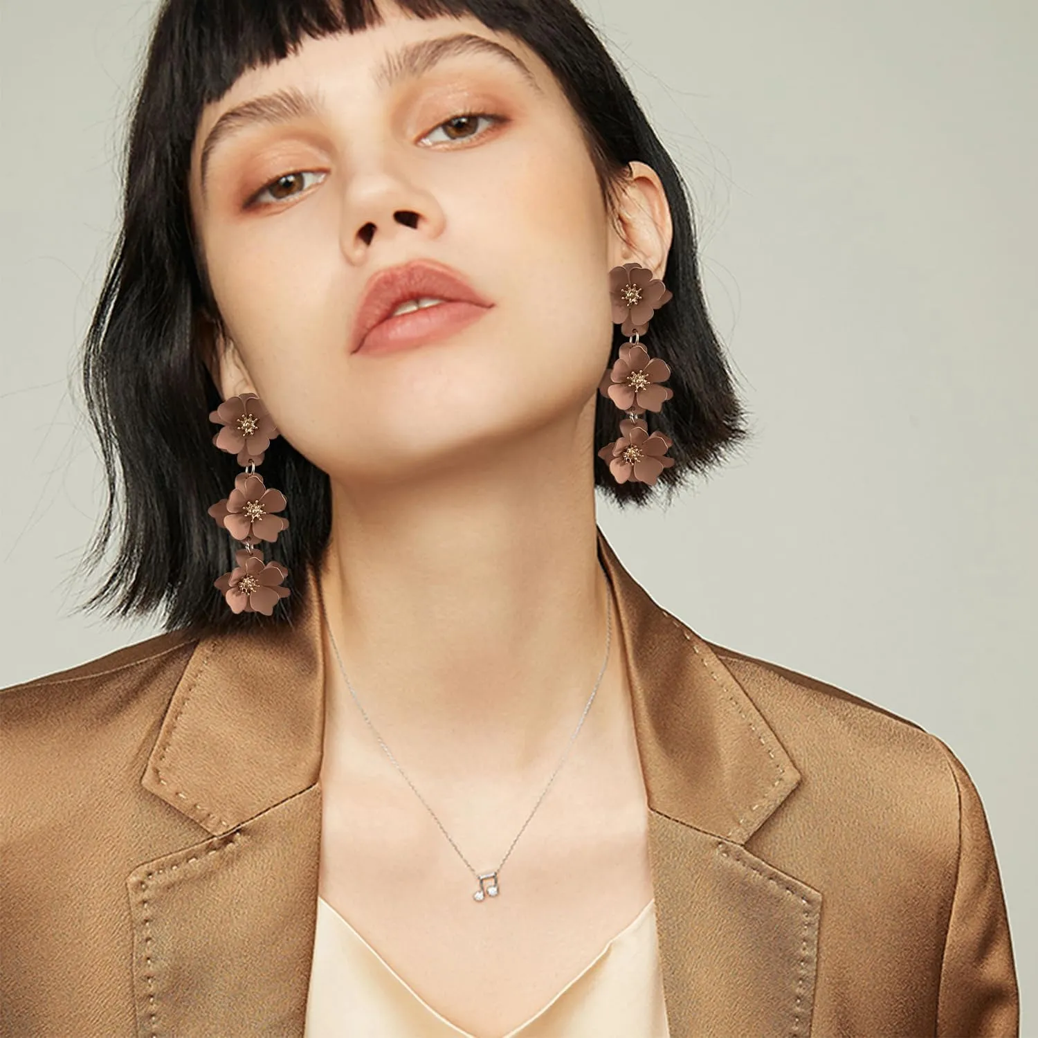 Elegant Bohemian Matte Tiered Triple Flower Dangle Drop Earrings Chic Charm Cute Long Floral Stud Earrings for Women Statement Jewelry Gifts