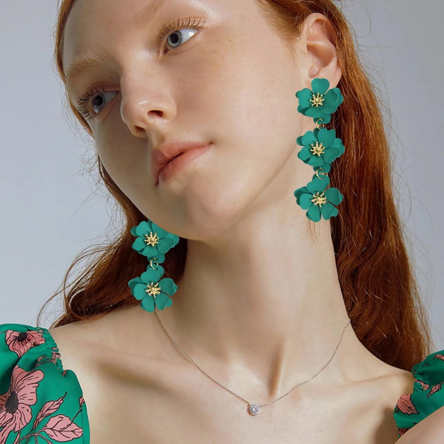 Elegant Bohemian Matte Tiered Triple Flower Dangle Drop Earrings Chic Charm Cute Long Floral Stud Earrings for Women Statement Jewelry Gifts