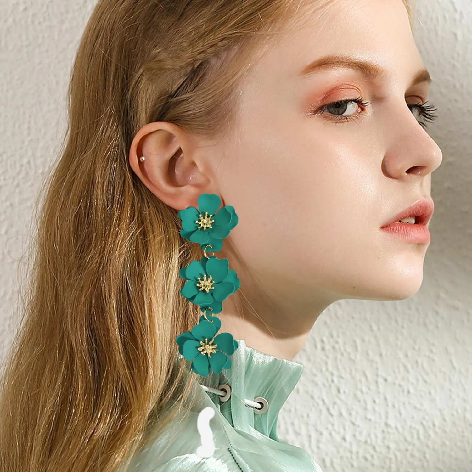 Elegant Bohemian Matte Tiered Triple Flower Dangle Drop Earrings Chic Charm Cute Long Floral Stud Earrings for Women Statement Jewelry Gifts