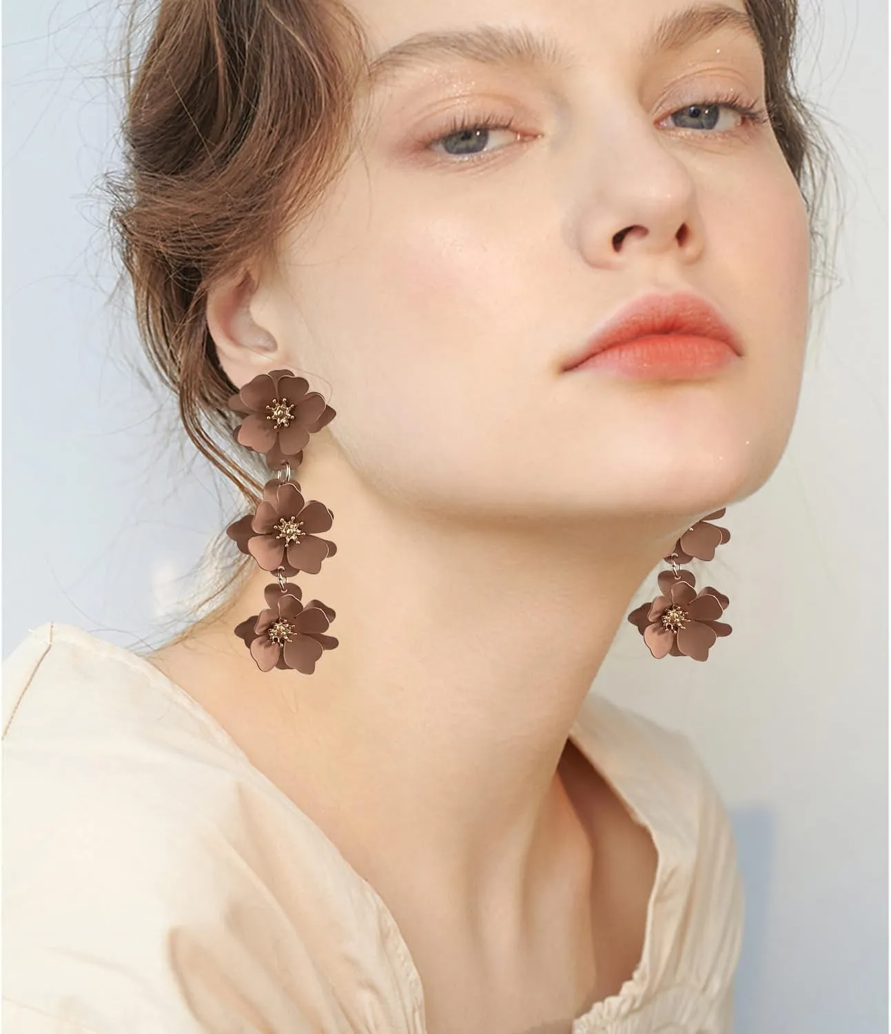 Elegant Bohemian Matte Tiered Triple Flower Dangle Drop Earrings Chic Charm Cute Long Floral Stud Earrings for Women Statement Jewelry Gifts
