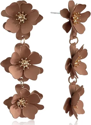 Elegant Bohemian Matte Tiered Triple Flower Dangle Drop Earrings Chic Charm Cute Long Floral Stud Earrings for Women Statement Jewelry Gifts