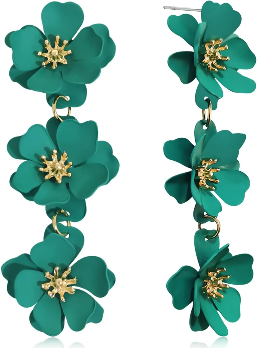 Elegant Bohemian Matte Tiered Triple Flower Dangle Drop Earrings Chic Charm Cute Long Floral Stud Earrings for Women Statement Jewelry Gifts