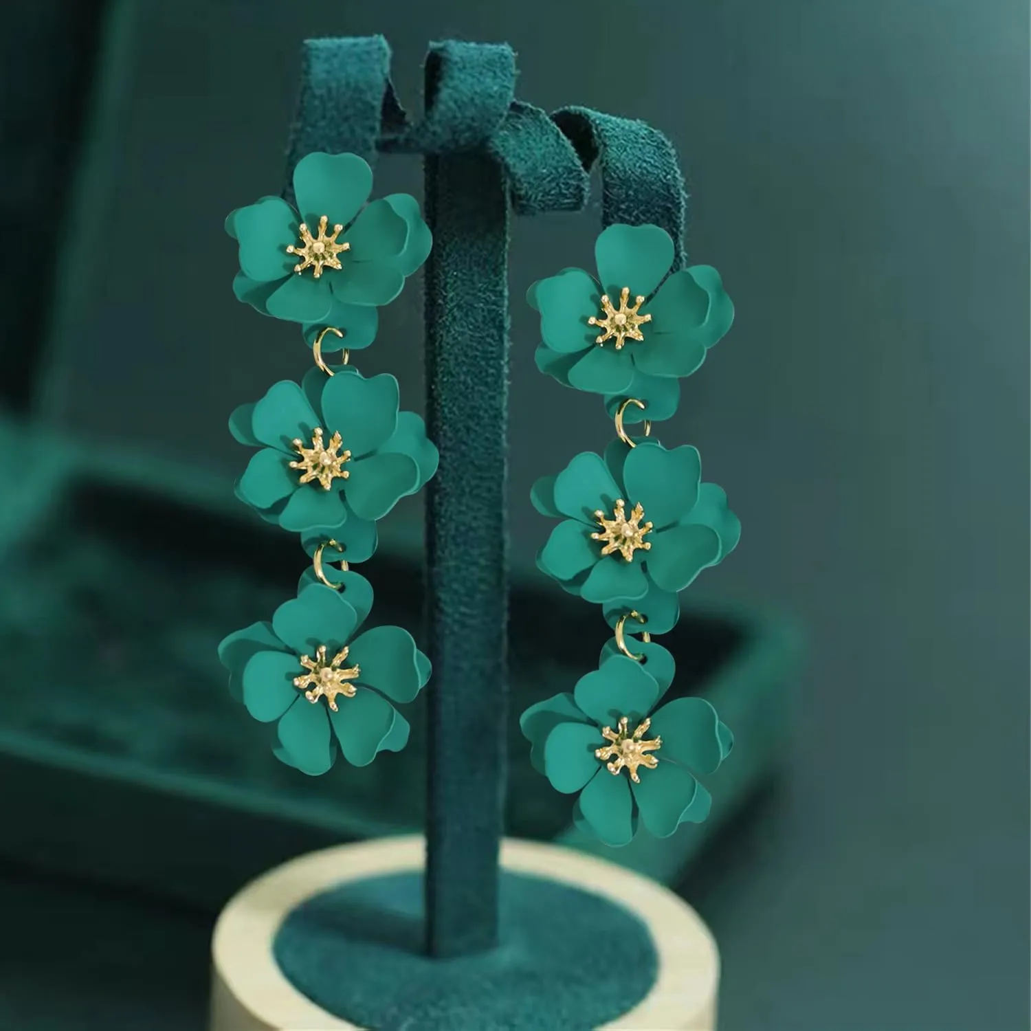 Elegant Bohemian Matte Tiered Triple Flower Dangle Drop Earrings Chic Charm Cute Long Floral Stud Earrings for Women Statement Jewelry Gifts