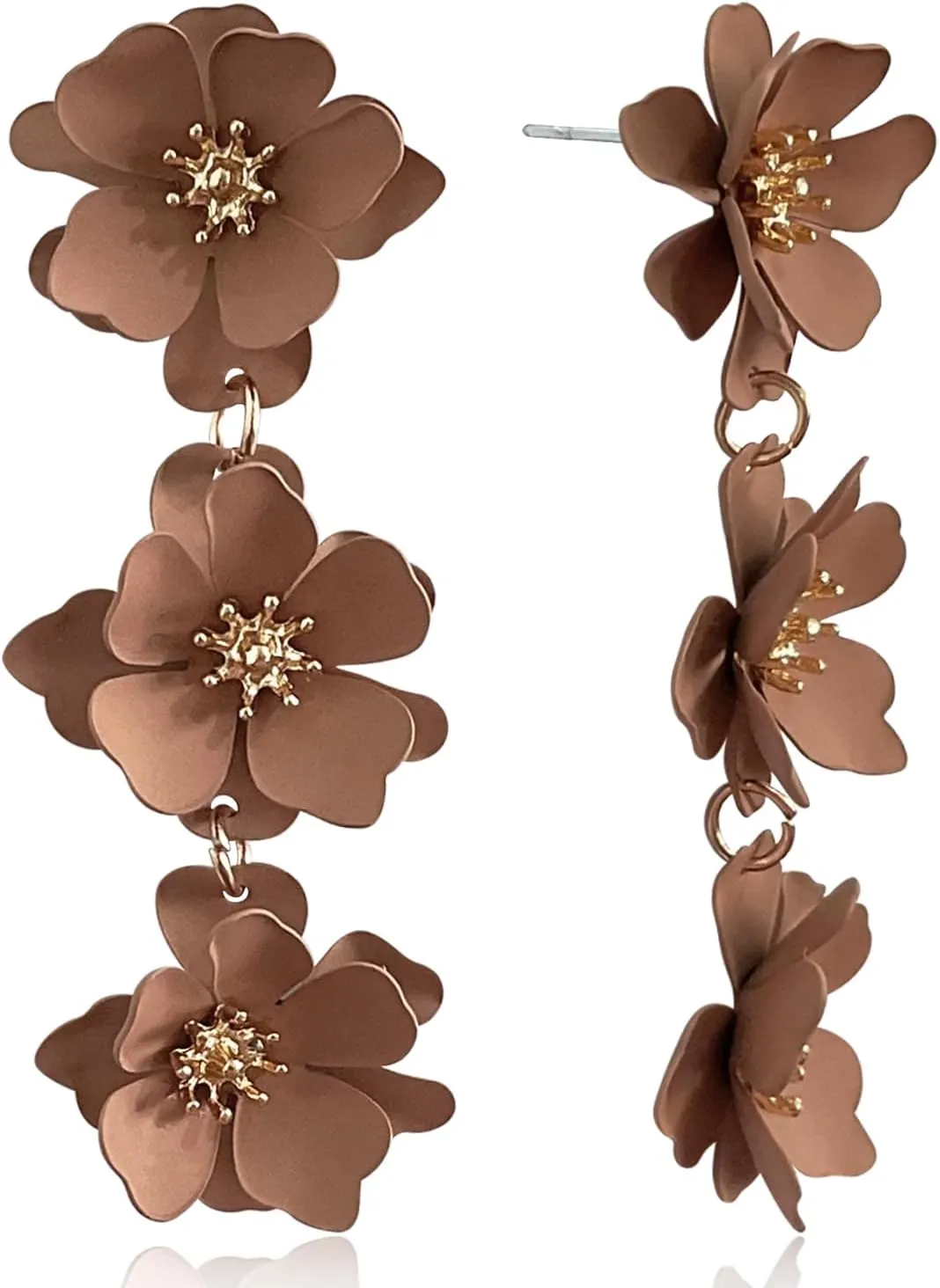 Elegant Bohemian Matte Tiered Triple Flower Dangle Drop Earrings Chic Charm Cute Long Floral Stud Earrings for Women Statement Jewelry Gifts