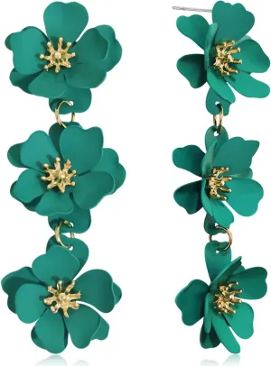 Elegant Bohemian Matte Tiered Triple Flower Dangle Drop Earrings Chic Charm Cute Long Floral Stud Earrings for Women Statement Jewelry Gifts
