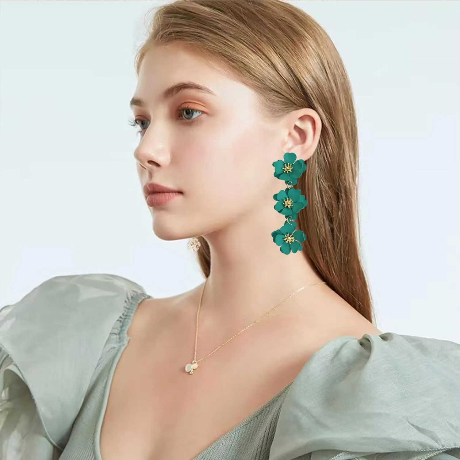 Elegant Bohemian Matte Tiered Triple Flower Dangle Drop Earrings Chic Charm Cute Long Floral Stud Earrings for Women Statement Jewelry Gifts