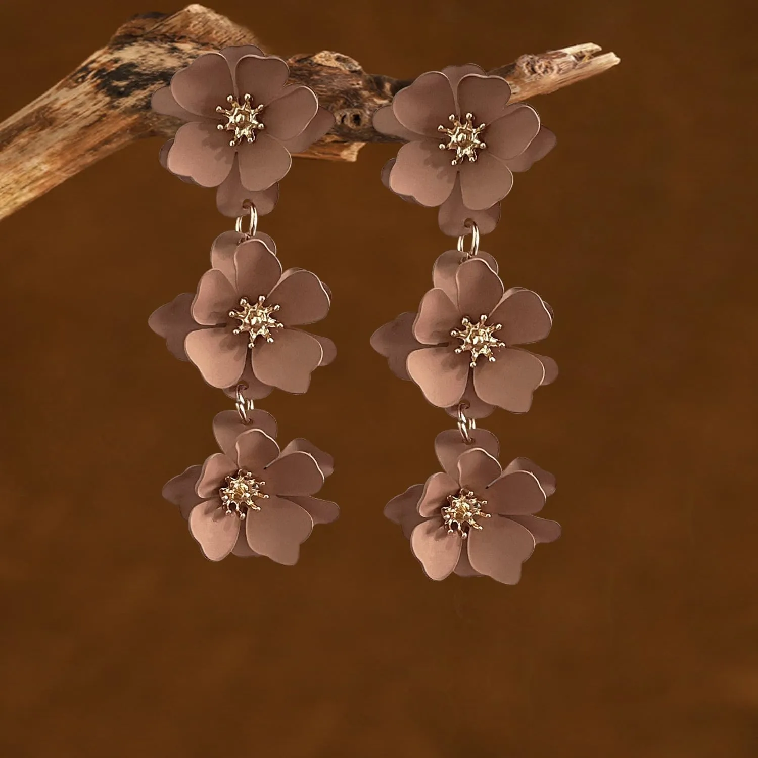 Elegant Bohemian Matte Tiered Triple Flower Dangle Drop Earrings Chic Charm Cute Long Floral Stud Earrings for Women Statement Jewelry Gifts