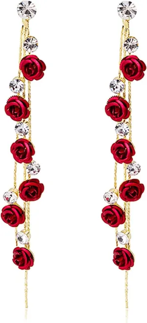 Elegant Chic Long Shine Tassel Chain Red Purple Rose Flower Dangle Drop Stud Earrings with White Sparkly Crystal for Women Statement Jewelry Gifts