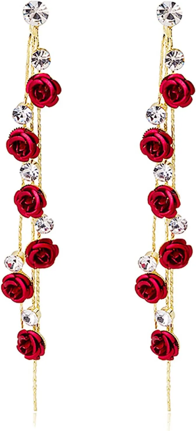 Elegant Chic Long Shine Tassel Chain Red Purple Rose Flower Dangle Drop Stud Earrings with White Sparkly Crystal for Women Statement Jewelry Gifts