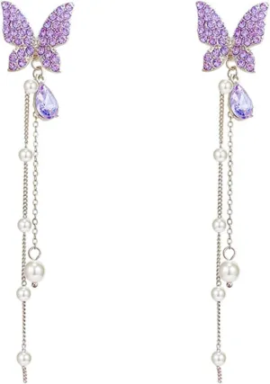 Elegant Crystal Purple Butterfly Tassel Dangle Earrings Rhinestone Drop Earrings Pearl Long Tassel Dangle Earrings Wedding Jewelry for Women