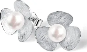 Elegant Designer Flower Earrings with White Freshwater Cultured Pearl in 925 Sterling Silver Women Fine Handmade Jewelry - PremiumPearl