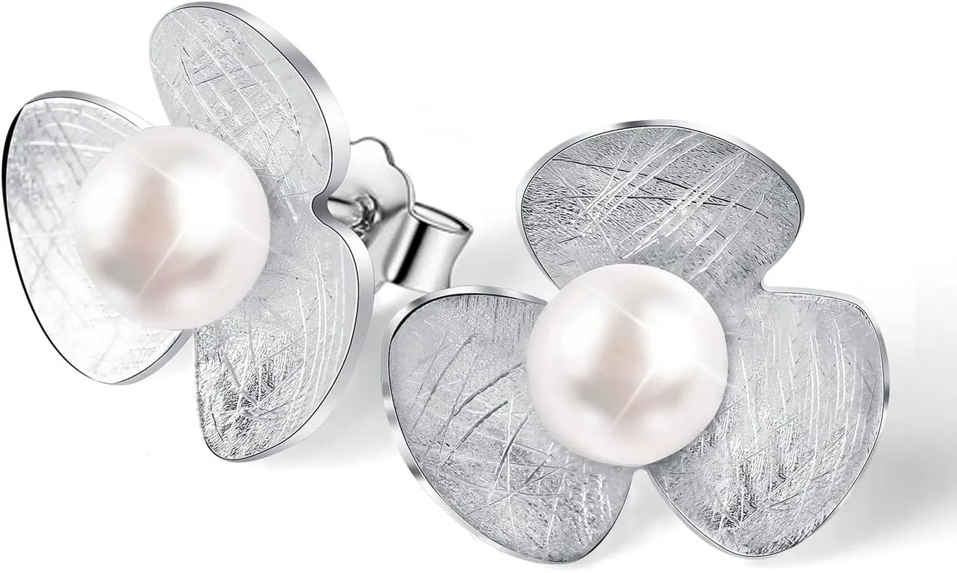 Elegant Designer Flower Earrings with White Freshwater Cultured Pearl in 925 Sterling Silver Women Fine Handmade Jewelry - PremiumPearl