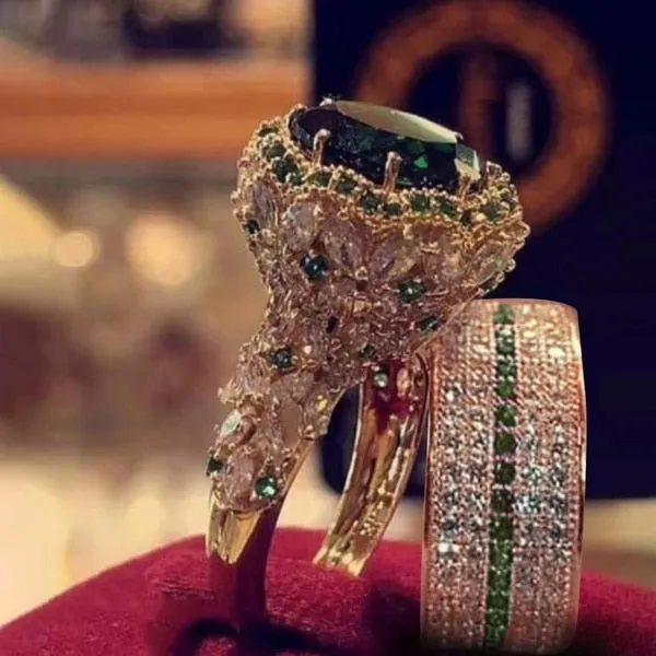 Elegant Gold Color Hip Hop Ring for Women Fashion Inlaid Zircon Red Stones Wedding Rings Set Party Bridal Engagement Jewelry