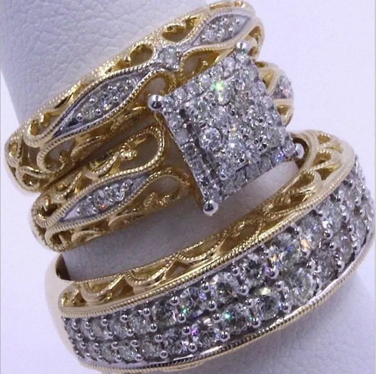 Elegant Gold Color Hip Hop Ring for Women Fashion Inlaid Zircon Red Stones Wedding Rings Set Party Bridal Engagement Jewelry