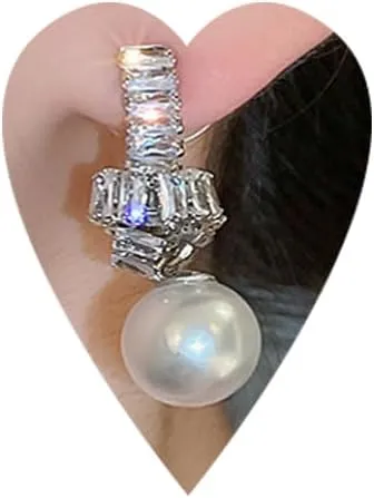 Elegant Pearl Zircon Rhinestone Dangle Drop Earrings Silver Statement Earrings Sparkly Zircon Rhinestone Pearls Chandelier Earrings Wedding Party Jewelry Gift
