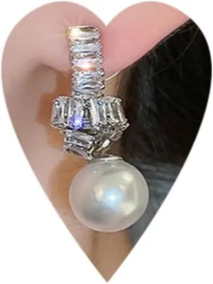 Elegant Pearl Zircon Rhinestone Dangle Drop Earrings Silver Statement Earrings Sparkly Zircon Rhinestone Pearls Chandelier Earrings Wedding Party Jewelry Gift