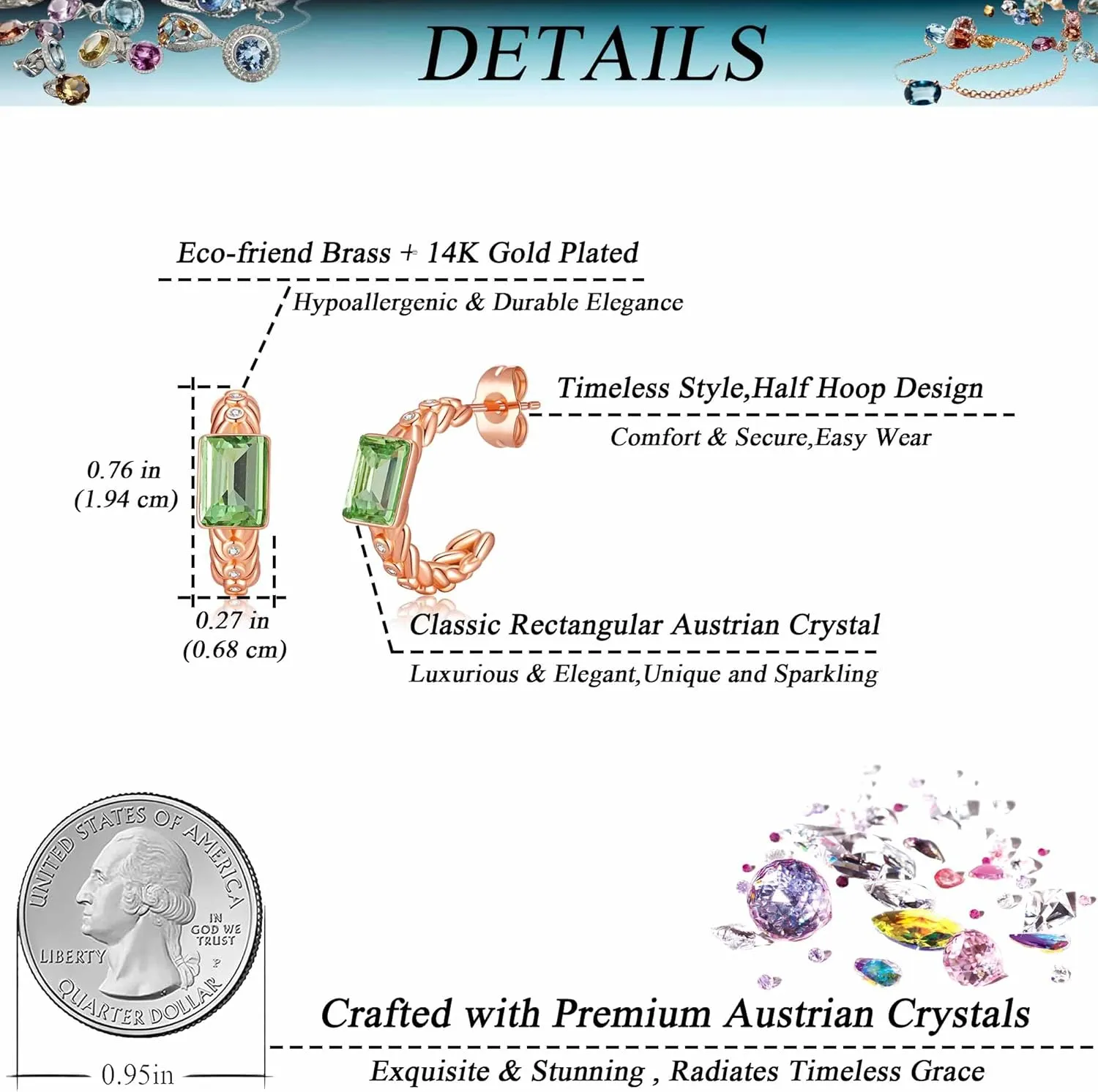 Elegant Rectangular Crystal Chunky Hoops Earrings for Women 14K Gold Plated Hypoallergenic Jewelry