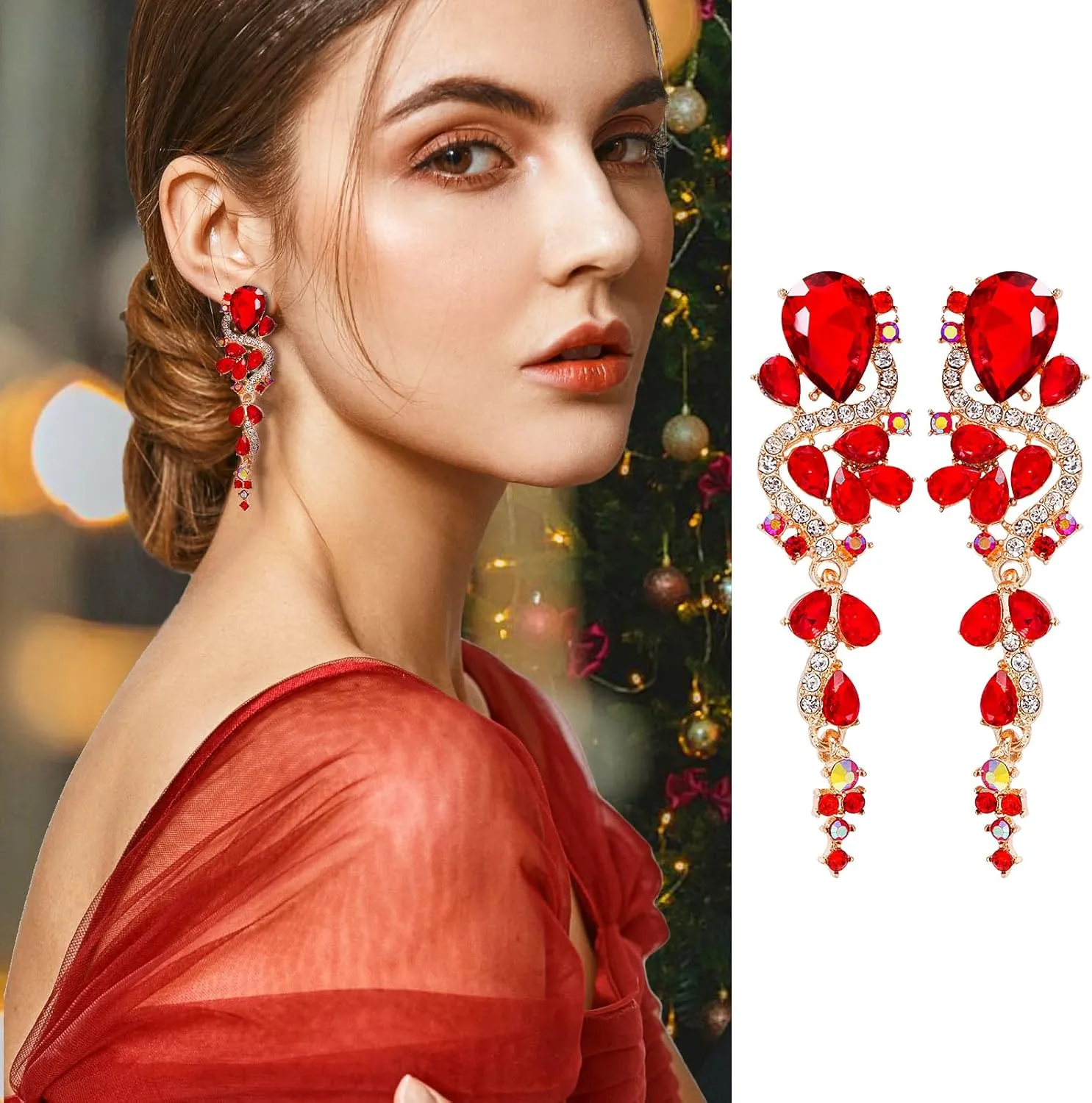 Elegant Rhinestone Crystal Statement Dangle Earrings Bohemian Multiple Teardrop Chandelier Long Earrings for Women Wedding Pageant