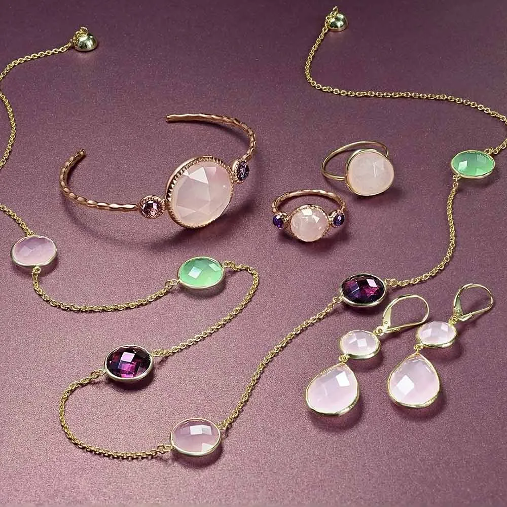 Elegant Sea Glass Pink Green Chalcedony Earrings Necklace Gold Plated Silver