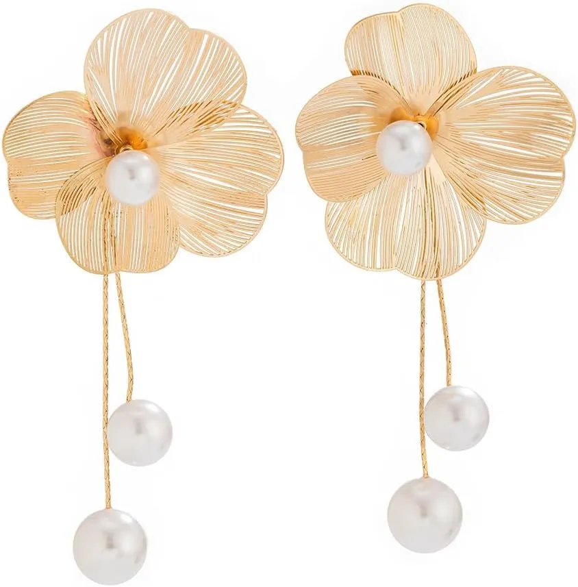 Elegant Statement Flower Bunch Dangle Earrings for Women Imitation Pearl Floral Jewelry Accessessories Romantic Cool Gifts for Her Women