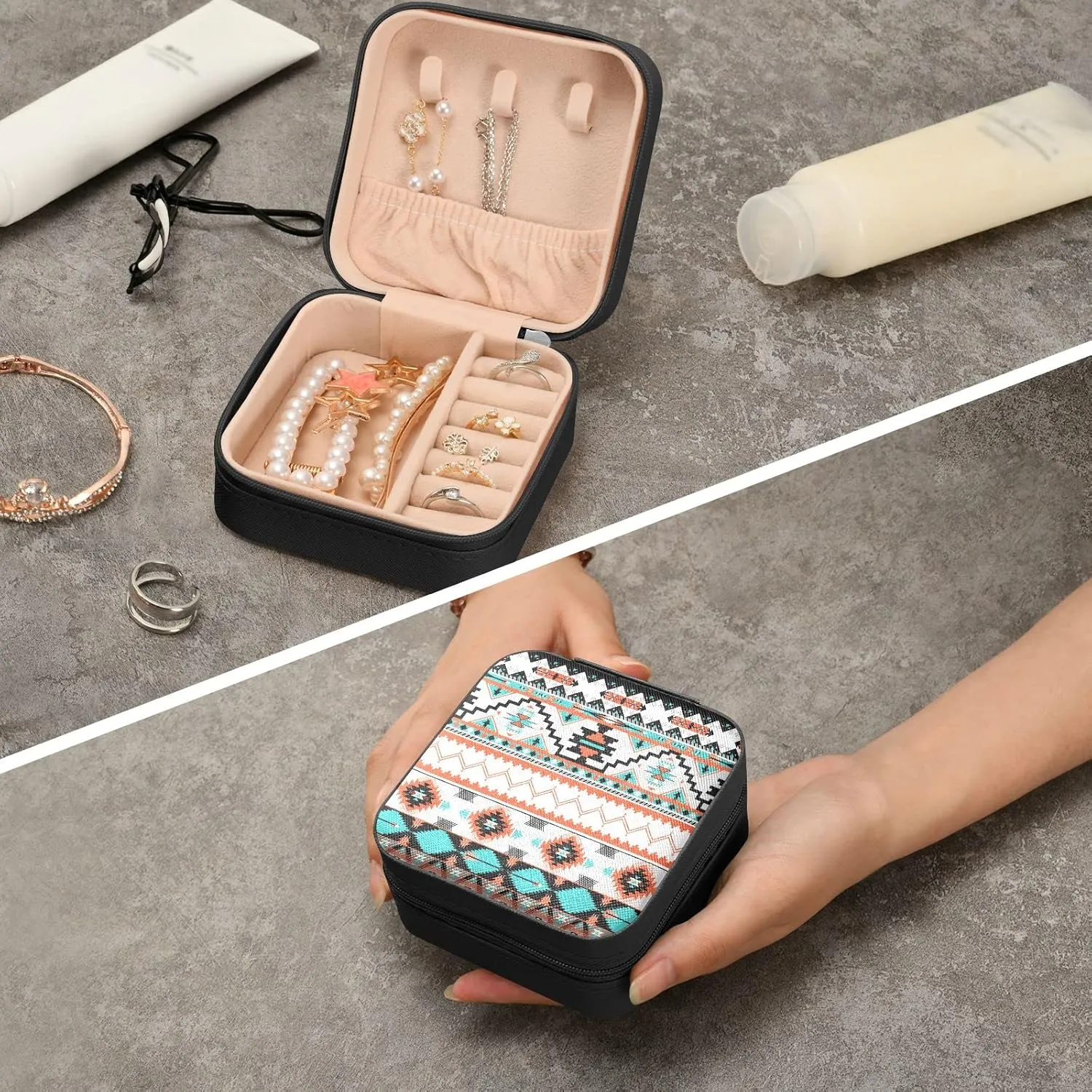 Emelivor Aztec Pattern Travel Jewelry Case PU Leather Portable Jewelry Box Travel Jewelry Organizer Small Jewelry Box for Ring Earring Bracelet Gifts Necklace Display Box Holder for Women Girls