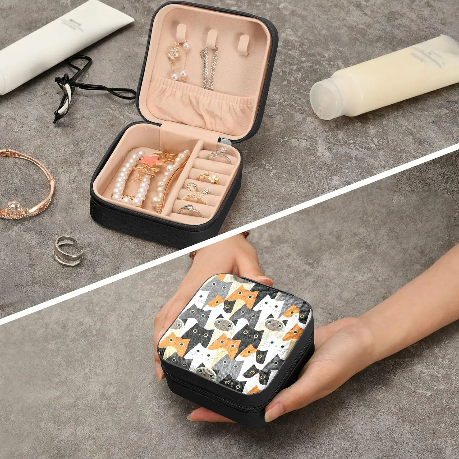 Emelivor Cartoon Cat Cute Travel Jewelry Case PU Leather Portable Jewelry Box Jewelry Travel Organizer Small Jewelry Box for Ring Necklace Bracelet Earring Gifts Display Box Holder for Women Girls