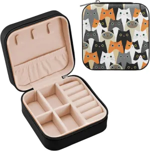 Emelivor Cartoon Cat Cute Travel Jewelry Case PU Leather Portable Jewelry Box Jewelry Travel Organizer Small Jewelry Box for Ring Necklace Bracelet Earring Gifts Display Box Holder for Women Girls