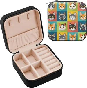 Emelivor Cute Cats Cartoon Travel Jewelry Case PU Leather Portable Jewelry Box Jewelry Travel Organizer Small Jewelry Box for Earring Ring Bracelet Necklace Gifts Display Box Holder for Women Girls