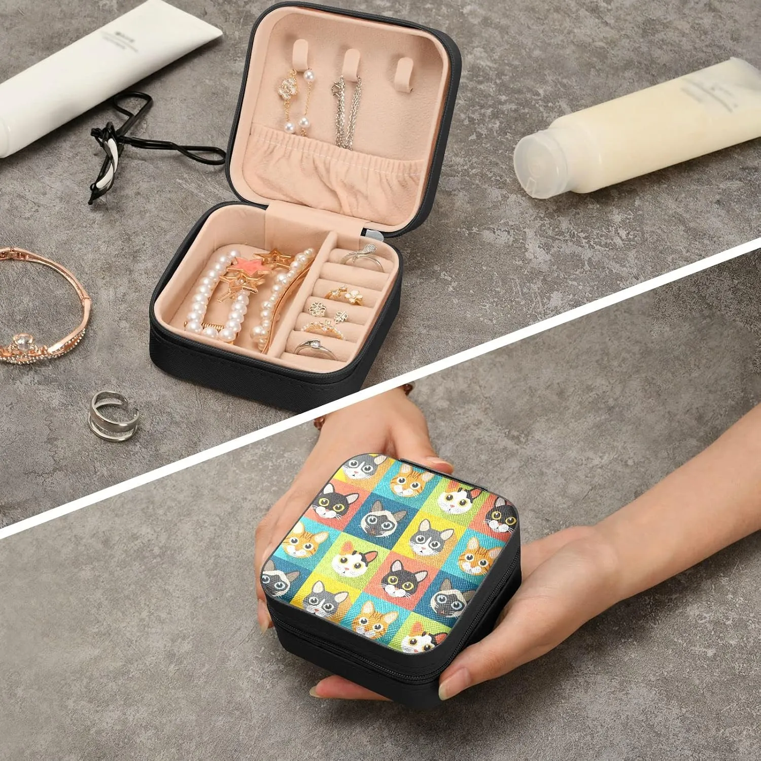 Emelivor Cute Cats Cartoon Travel Jewelry Case PU Leather Portable Jewelry Box Jewelry Travel Organizer Small Jewelry Box for Earring Ring Bracelet Necklace Gifts Display Box Holder for Women Girls