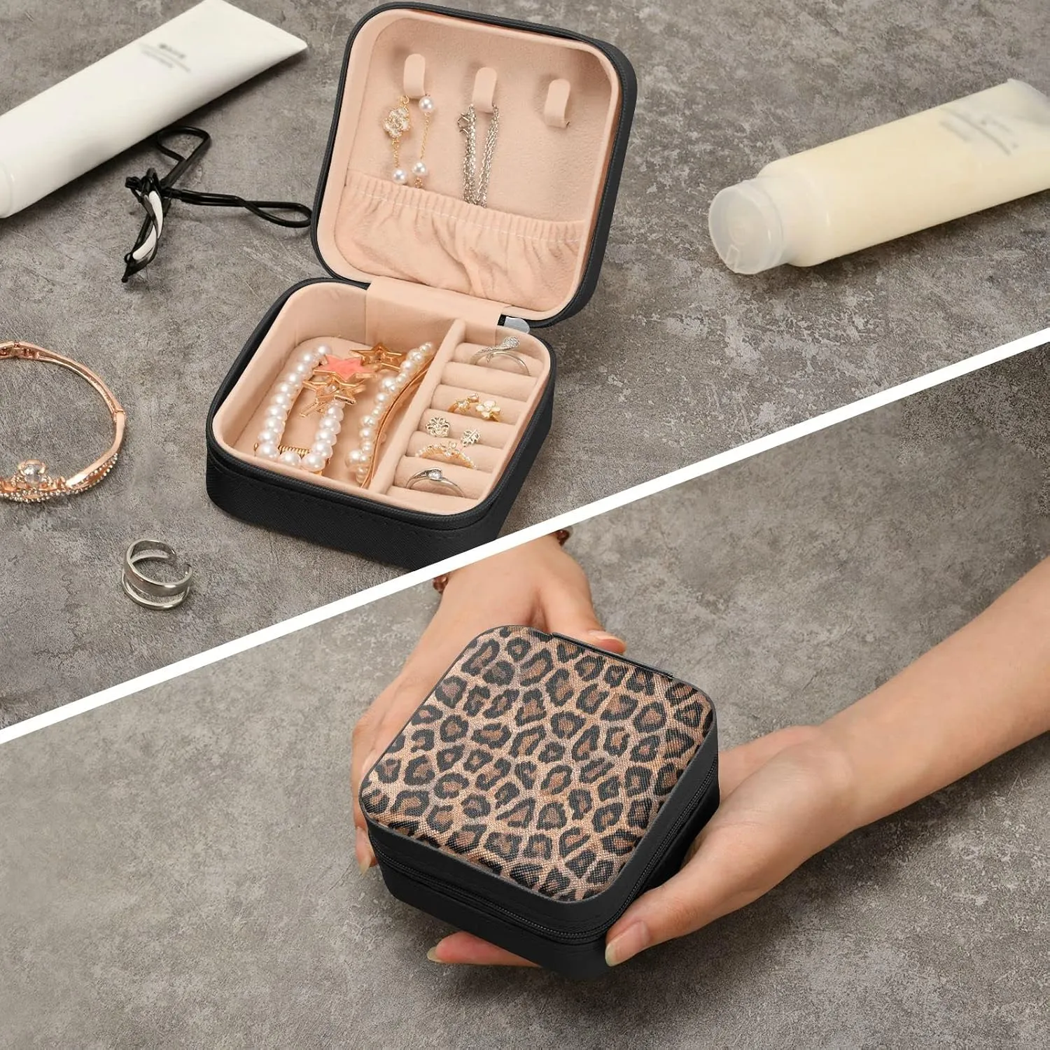 Emelivor Leopards Travel Jewelry Case PU Leather Portable Jewelry Box Travel Jewelry Organizer Small Jewelry Box for Ring Necklace Bracelet Earring Gifts Display Box Holder for Women Girls